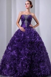 Purple A-Line / Princess Strapless Floor-length Organza Beading and Hand Made Flowers Quinceanea Dress