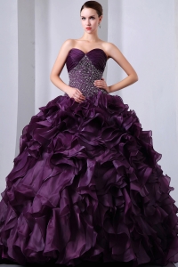 Dark Purple A-Line / Princess Sweetheart Brush Train Organza Beading and Ruffles Quinceanea Dress