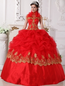 Red and Gold Ball Gown Halter Floor-length Taffeta Beading and Appliques Quinceanera Dress