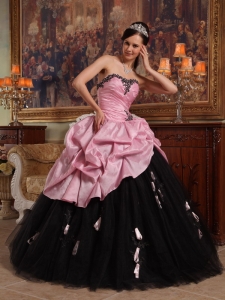 Rose Pink and Black Ball Gown Sweetheart Floor-length Hand Flowers Tulle and Taffeta Quinceanera Dress