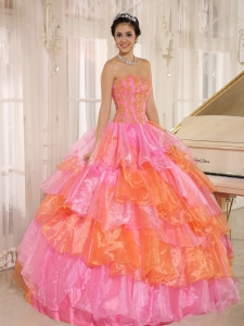Ruffled Layers and Appliques Decorate Up Bodice For Rose Pink and Orange Quinceanera Dress