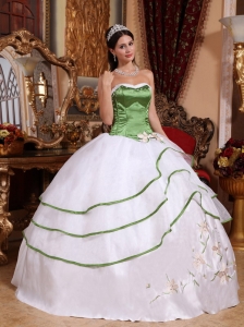 Olive Green and White Ball Gown Strapless Floor-length Organza Embroidery Quinceanera Dress