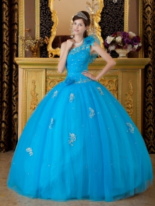 Teal Ball Gown One Shoulder Floor-length Tulle Appliques Quinceanera Dress