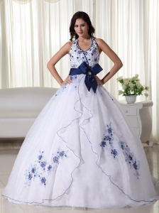 White Ball Gown Halter Floor-length Organza Appliques Quinceanera Dress