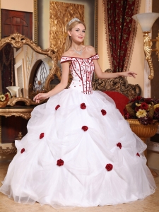 White Ball Gown Off The Shoulder Floor-length Taffeta and Organza Embroidery Quinceanera Dress