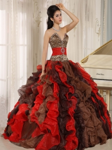 Wholesale Multi-color 2019 Quinceanera Dress V-neck Ruffles With Leopard and Beading