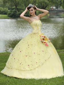Appliques Embroidery and Hand Made Flowers Light Yellow Quinceanera Dress For 2019 Strapless Floor-length