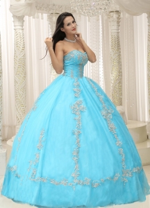 Aqua Blue Sweetheart Appliques and Beaded Decorate For 2019 Quinceanera Dress