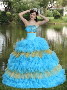 Beaded Decorate Bust Sequins Organza Aqua Blue and Yellow Strapless Floor-length Tiered Sweet Quinceanera Dress For 2019