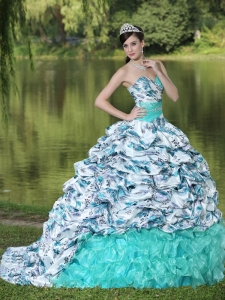 Colorful Printing and Organza Beaded Decorate Waist Pick-ups and Ruffles Brush Train Lovely Style For 2019 Quinceanera Dress