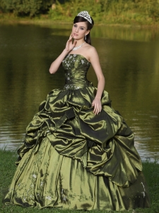 Customize Strapless Quinceanera Dress Beaded Decorate With Olive Green