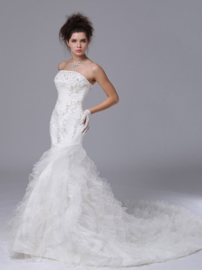 Exquisite Organza Mermaid Strapless Court Train Wedding Dress Button