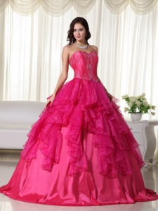 Hot Pink Ball Gown Sweetheart Floor-length Organza Embroidery Quinceanera Dress