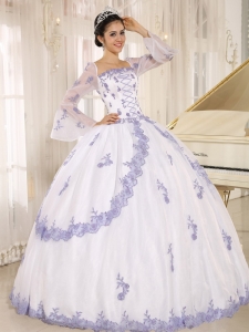 Lilac Embroidery Decorate On White Organza Square Neckline Quinceanera Dress