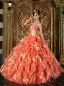 Orange Ball Gown Strapless Floor-length Beading and Ruffles Quinceanera Dress