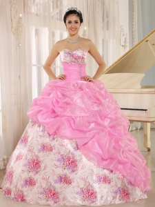 Printing Sweetheart Beaded and Pick-ups For Rose Pink Quinceanera Dress For Custom Made