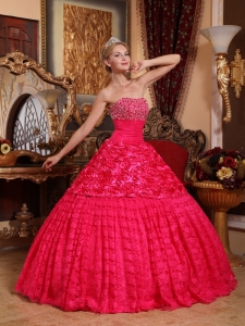 Red A-line Strapless Floor-length Fabric With Roling Flowers Beading Quinceanera Dress