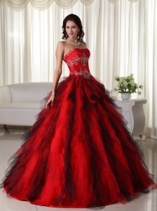 Red Ball Gown Strapless Floor-length Floor-length Taffeta Appliques Quinceanera Dress