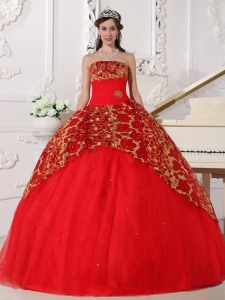 Red Ball Gown Strapless Floor-length Tulle Beading and Ruch Quinceanera Dress