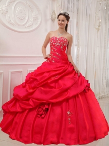 Red Ball Gown Sweetheart Floor-length Taffeta Appliques Quinceanera Dress