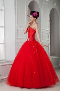 Red Ball Gown Sweetheart Floor-length Tulle Beading Quinceanea Dress