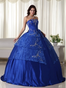 Blue Ball Gown Strapless Floor-length Organza Embroidery Quinceanera Dress