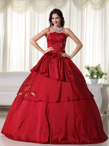 Wine Red Ball Gown Strapless Floor-length Taffeta Hand Flowers Quinceanera Dress