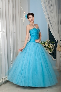 Aqua A-line / Princess Sweetheart Floor-length Tulle Beading Quinceanera Dress
