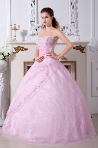 Baby Pink A-line / Princess Sweetheart Floor-length Organza Embroidery Quinceanera Dress
