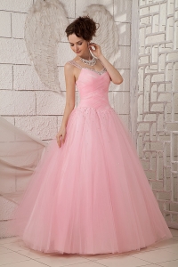 Baby Pink A-line Straps Floor-length Tulle Beading Quinceanea Dress