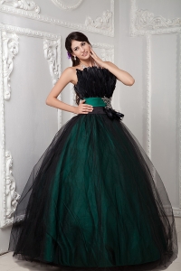 Ball Gown Strapless Floor-length Tulle Beading and Feather Quinceanera Dress