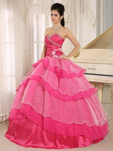 Hot Pink Sweetheart Beaded Decorate and Ruch Bodice Ruffled Layeres Quinceanera Dress In 2019