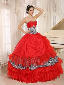 Wholesale Red Sweetheart Ruffles Quinceanera Dress With Zebra and Beading