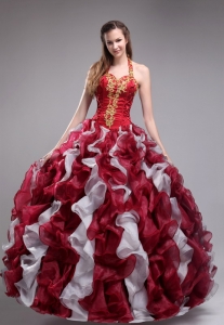 Wine Red Ball Gown Halter Floor-length Organza Appliques and Ruffles Quinceanera Dress