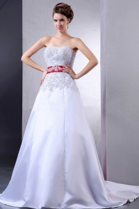 2019 Luxurious Wedding Dress With Appliques and Red Sash Court Train For Custom Made