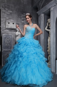 Beautiful Ball Gown Sweetheart Floor-length Taffeta and Organza Beading and Appliques Aqua Blue Quinceanera Dress