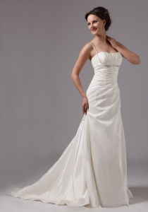 Clasp Handle Spaghetti Straps Brush Train Wedding Dress With Beading ang Ruch For Custom Made