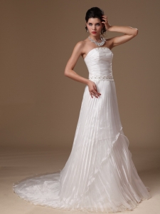 Organza Strapless Beaded Decorate Waist A-line Court Train Custom Made 2019 Wedding Dress