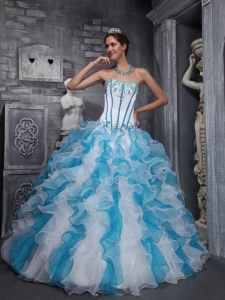 Sweet Ball Gown Sweetheart Floor-length Taffeta and Organza Appliques White And Blue Quinceanera Dress