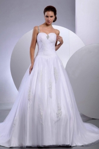 A-Line / Princess Tulle Appliques Chapel Train One Shoulder Wedding Dress
