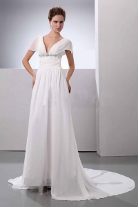 Beading V-Neck Court Train Chiffon Wedding Dress Empire