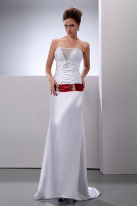 Column Strapless Elastic Woven Satin Ruched Brush / Sweep Train Wedding Dress