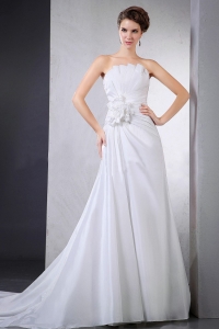 Elegant Wedding Dress With Hand Made Flower Ruching Chapel Train For Custom Made