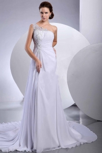 Lace Court Train One Shoulder Chiffon Wedding Dress Empire