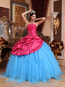 Red and Blue Ball Gown Strapless Floor-length Appliques with Beading Quinceanera Dress