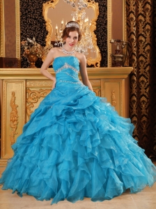 Teal Ball Gown Floor-length Organza Beading And Ruffles Quinceanera Dress
