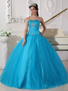 Teal Ball Gown Strapless Floor-length Tulle Beading and Ruch Quinceanera Dress