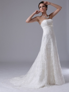 Bowknot Column Strapless Hall Exquisite Wedding Dress With Lace