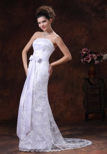 Lace Over Shirt Strapless Column Wedding Dress With Sash