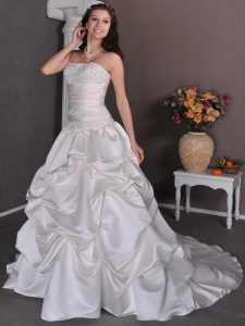 Luxurious A-line Strapless Court Train Taffeta Beading and Pick-ups Wedding Dress